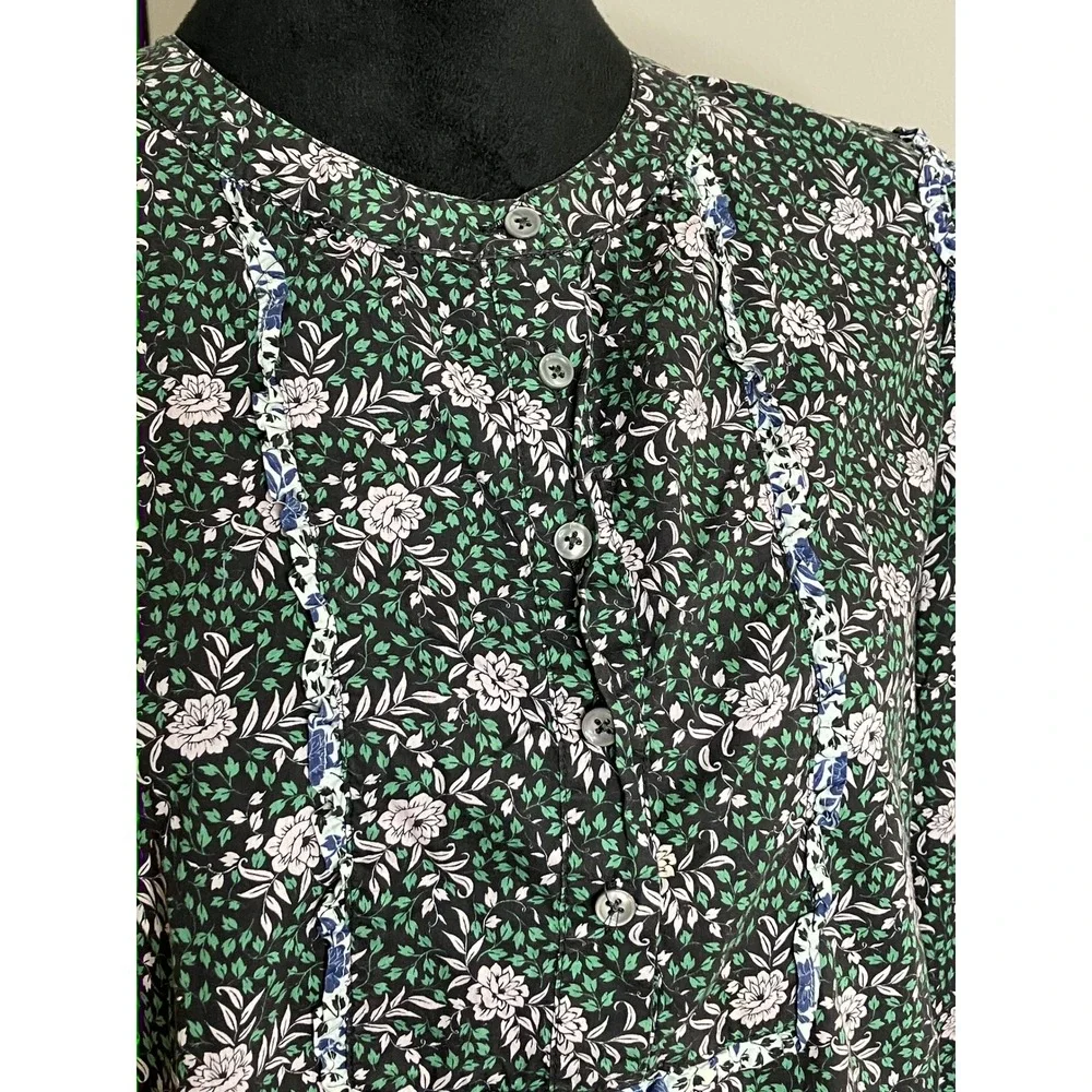J. Crew Liberty Fabric Floral Ruffle Long Sleeve Blouse Women's Green Medium - Picture 3 of 8